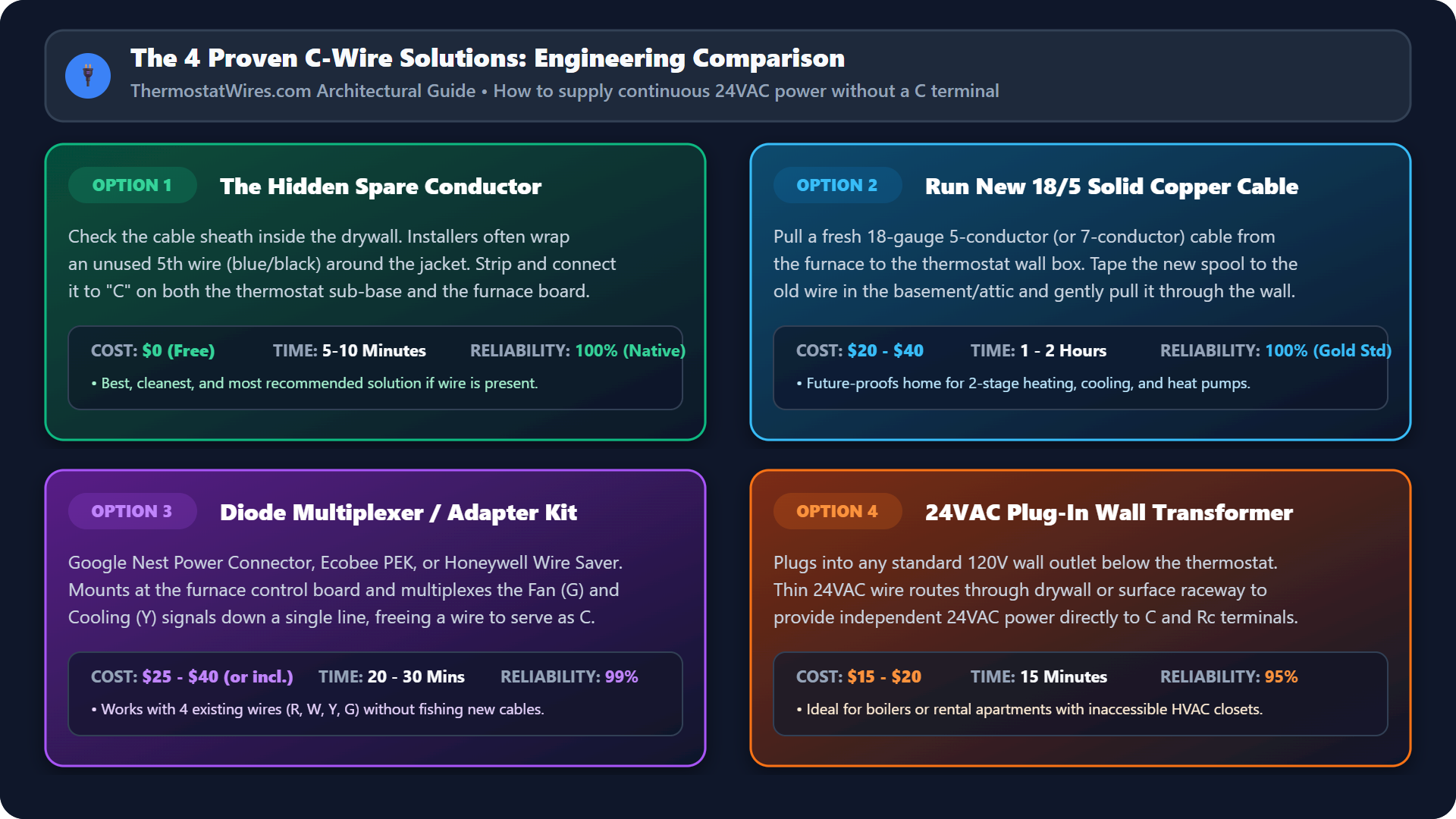 Comparison of 4 Proven C-Wire Solutions showing Spare Wire, Cable Run, Power Adapter, and Wall Transformer