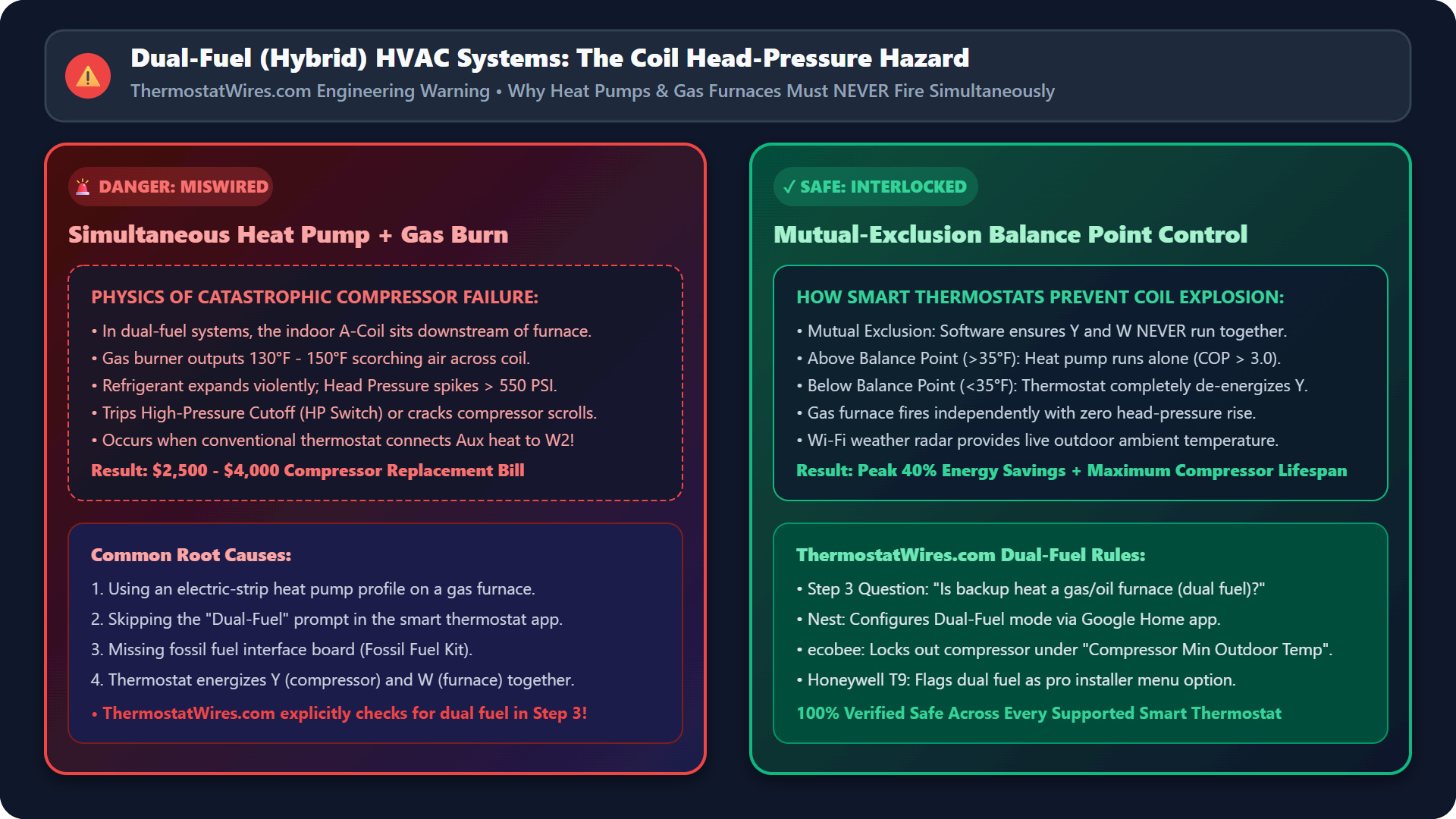 Dual-Fuel Hybrid HVAC Head Pressure Hazard Diagram showing Coil Overheating vs Safe Lockout