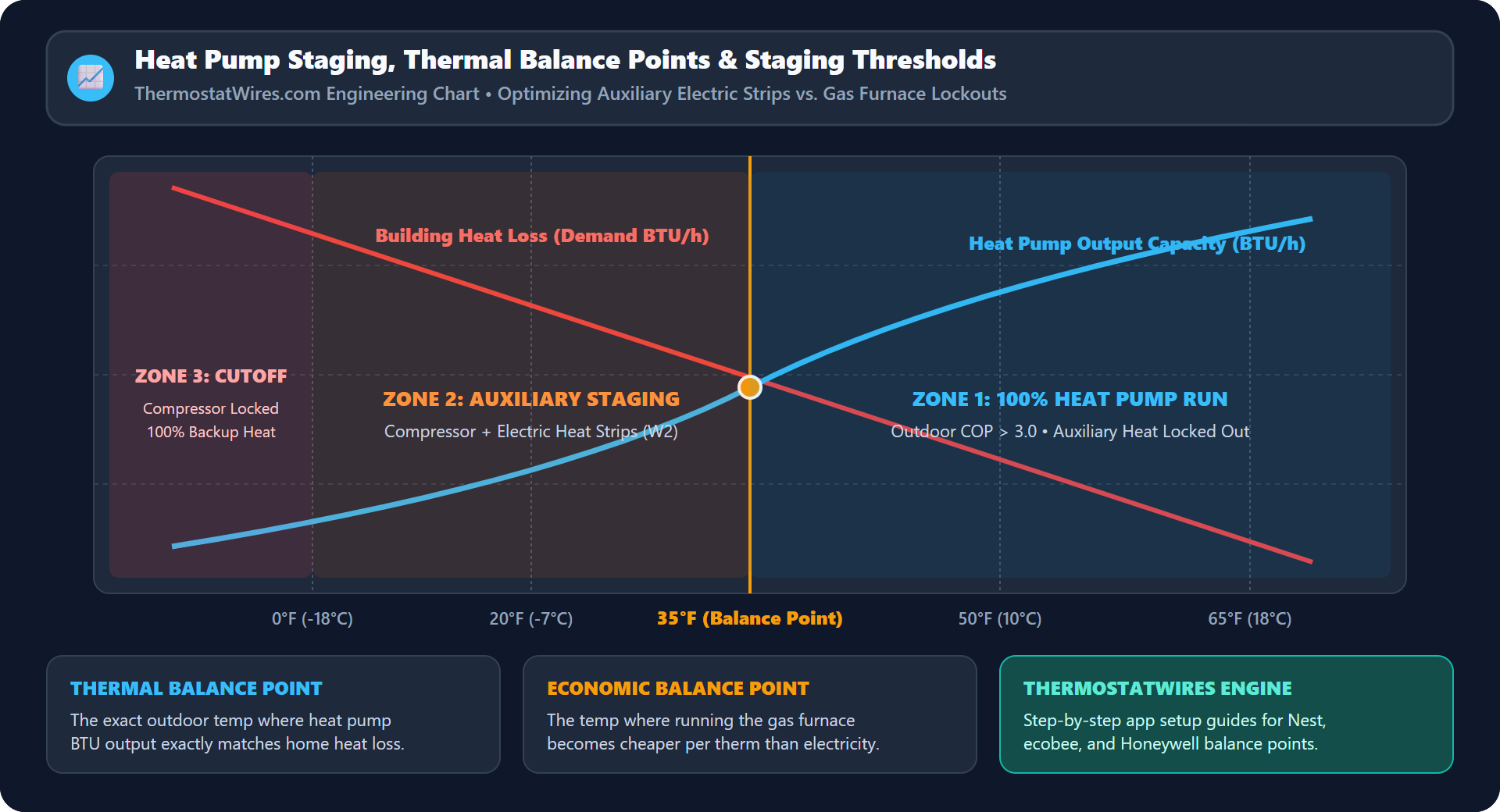 Heat Pump Staging and Balance Point Optimization Graph showing Thermal Balance, Economic Balance, and Staging Zones