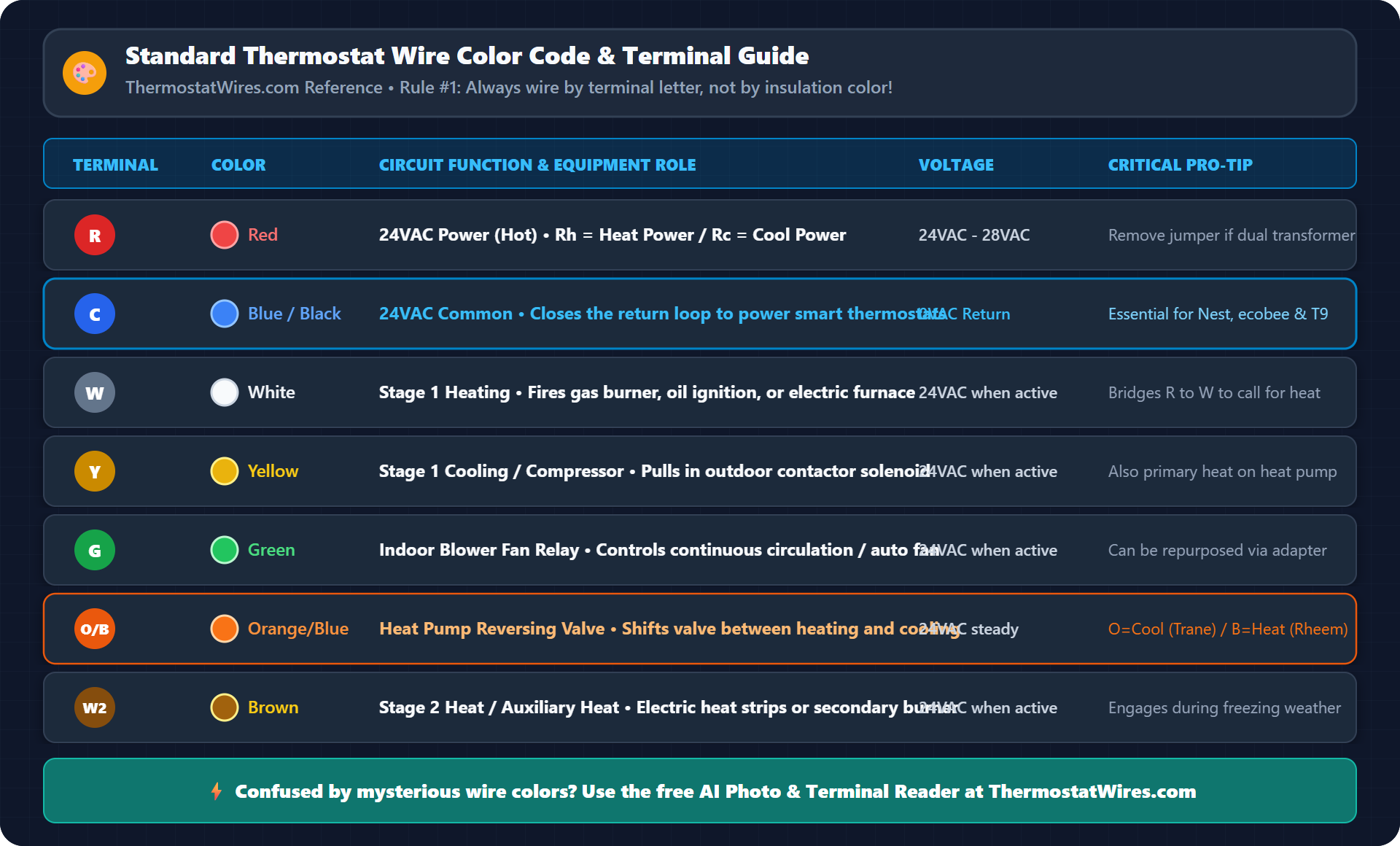 Standard Thermostat Wire Color Code Chart showing R, C, W, Y, G, O/B, and W2 terminal assignments
